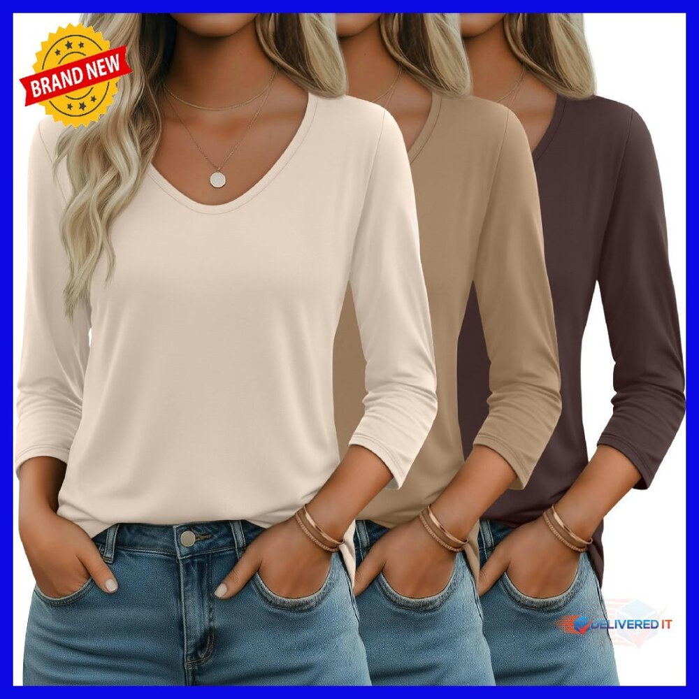 Women's 3/4 Sleeve V-Neck Tunic Tees 3-Pack Loose Fit Soft Blouses